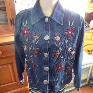 Karen Hart Denim Jean Jacket Embroidered Floral Size L